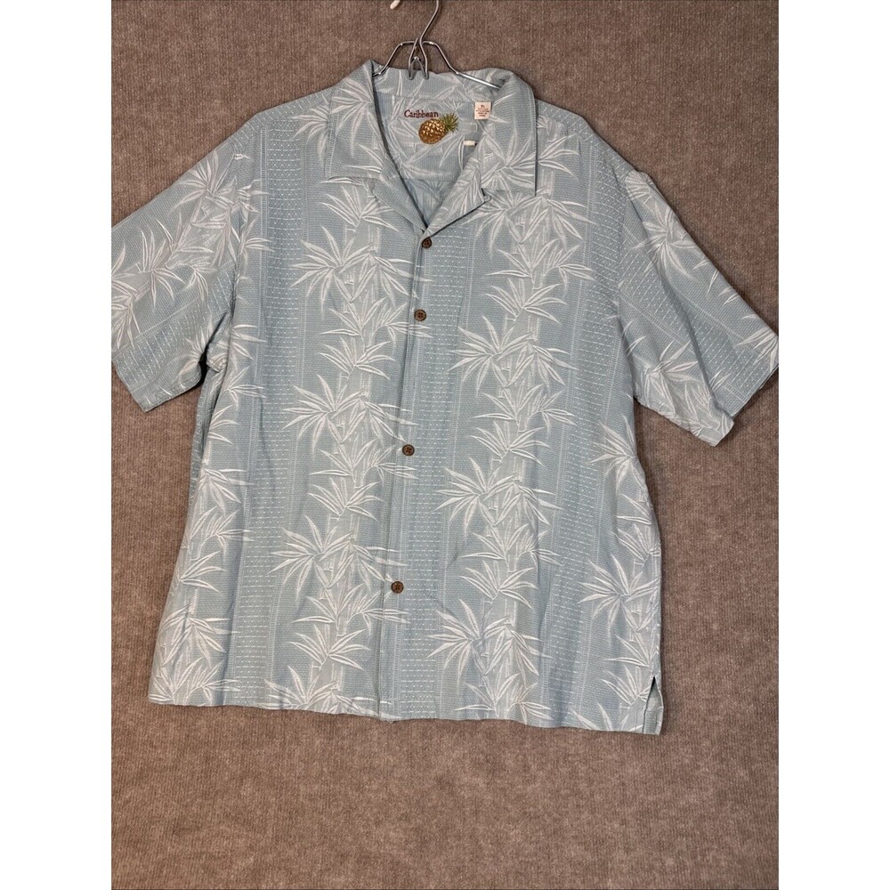 Caribbean Men Hawaiian Shirt Blue Silk‎ Blend Short Sleeve Button Up XL
